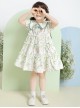 Classic Lolita Floral Flower Print Folds Decoration Square Lapel Bow Design Green Kid Short Sleeve Dress