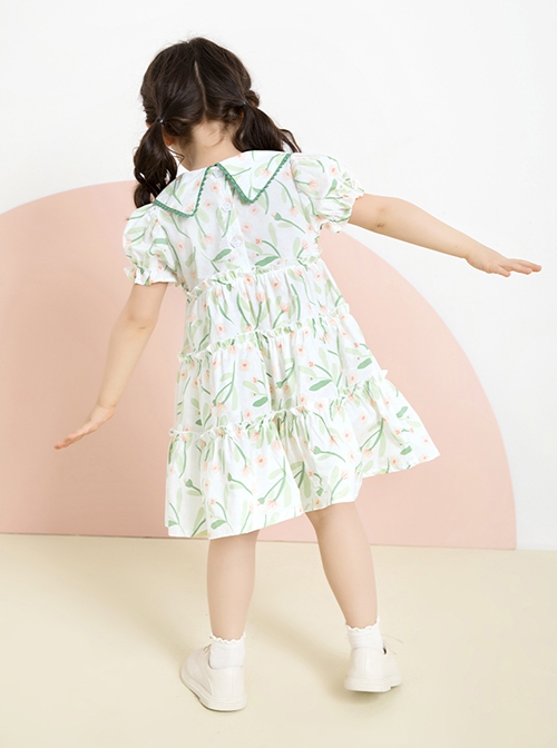 Classic Lolita Floral Flower Print Folds Decoration Square Lapel Bow Design Green Kid Short Sleeve Dress