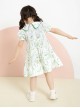 Classic Lolita Floral Flower Print Folds Decoration Square Lapel Bow Design Green Kid Short Sleeve Dress