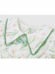 Classic Lolita Floral Flower Print Folds Decoration Square Lapel Bow Design Green Kid Short Sleeve Dress