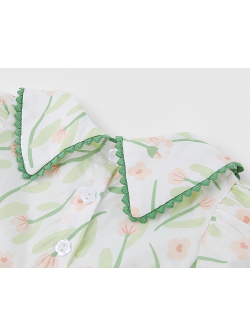 Classic Lolita Floral Flower Print Folds Decoration Square Lapel Bow Design Green Kid Short Sleeve Dress