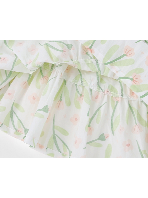 Classic Lolita Floral Flower Print Folds Decoration Square Lapel Bow Design Green Kid Short Sleeve Dress