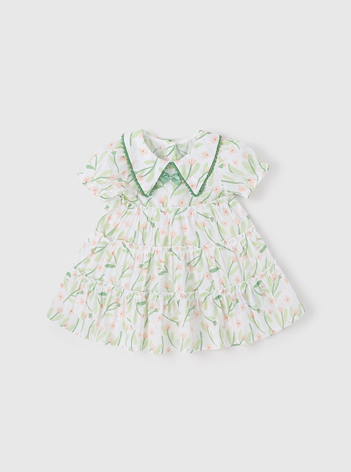 Classic Lolita Floral Flower Print Folds Decoration Square Lapel Bow Design Green Kid Short Sleeve Dress