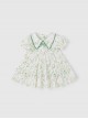 Classic Lolita Floral Flower Print Folds Decoration Square Lapel Bow Design Green Kid Short Sleeve Dress