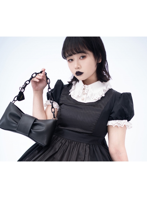 Gothic Dark Style Pleated Large Bow Design Heart Buckle Decoration Lolita Hand Chain Bag