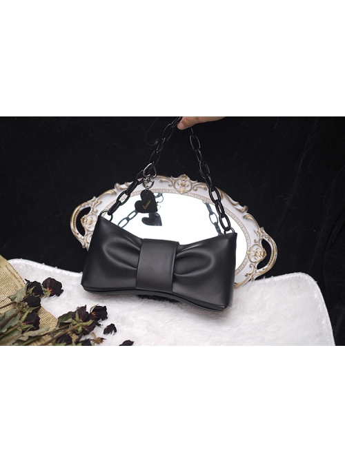 Gothic Dark Style Pleated Large Bow Design Heart Buckle Decoration Lolita Hand Chain Bag