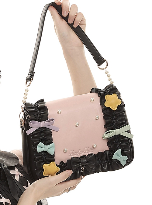 Cute Pleated Ruffle Design Colorful Bow Knot Star Shape Decoration Pearl Embellishment Sweet Lolita Messenger Bag