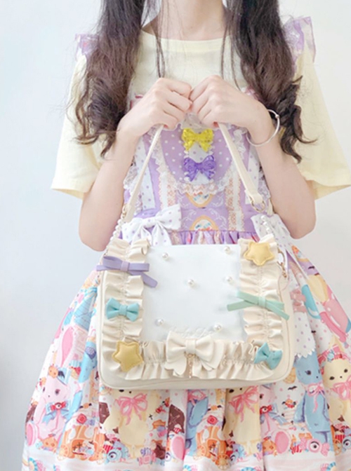Cute Pleated Ruffle Design Colorful Bow Knot Star Shape Decoration Pearl Embellishment Sweet Lolita Messenger Bag