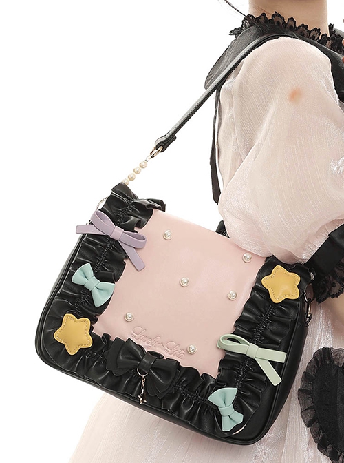 Cute Pleated Ruffle Design Colorful Bow Knot Star Shape Decoration Pearl Embellishment Sweet Lolita Messenger Bag