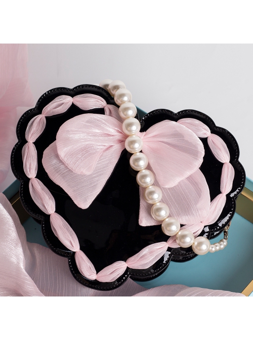 Heart-Shaped Design Lace Tie Bow Decoration Classic Lolita Pearl Chain Handbag