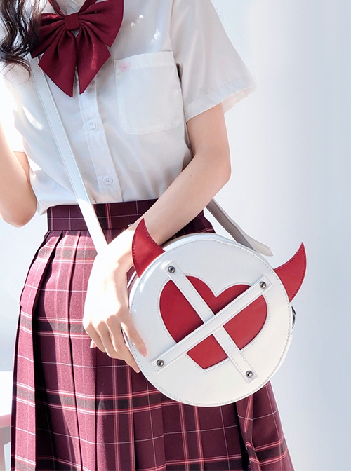 Little Devil Horn Design Heart Cut Cross Tied Rope Decoration Classic Lolita Round Messenger Bag