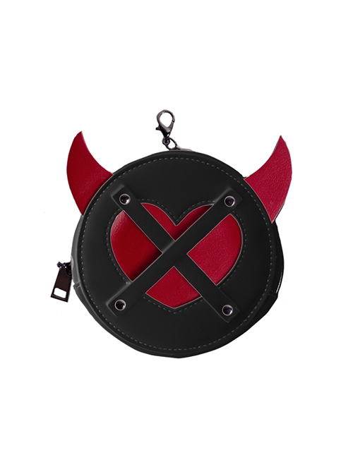 Little Devil Horn Design Heart Cut Cross Tied Rope Decoration Classic Lolita Round Messenger Bag