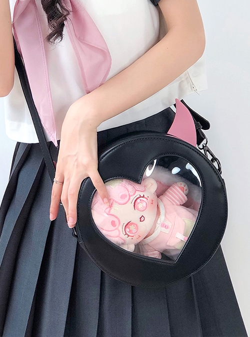 Little Devil Horn Design Heart Cut Cross Tied Rope Decoration Classic Lolita Round Messenger Bag