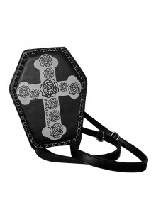 Dark Gothic Style Cross Rose Flower Print Decoration Polygonal Design Metal Trim Lolita Messenger Bag