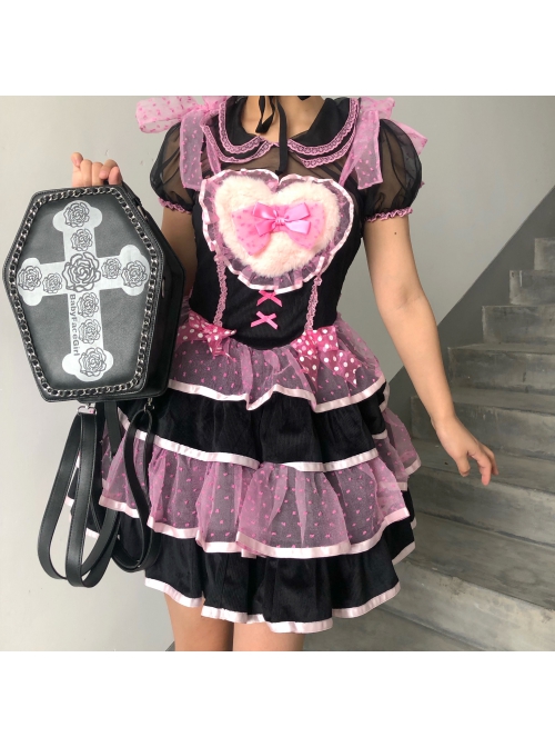 Dark Gothic Style Cross Rose Flower Print Decoration Polygonal Design Metal Trim Lolita Messenger Bag