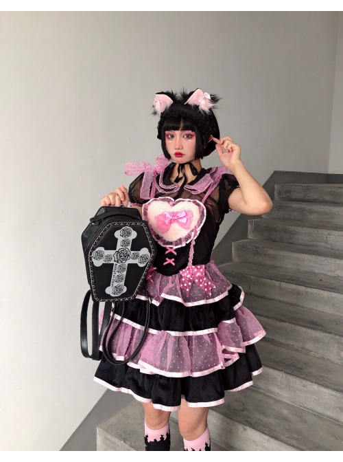 Dark Gothic Style Cross Rose Flower Print Decoration Polygonal Design Metal Trim Lolita Messenger Bag