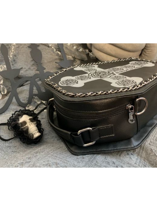 Dark Gothic Style Cross Rose Flower Print Decoration Polygonal Design Metal Trim Lolita Messenger Bag