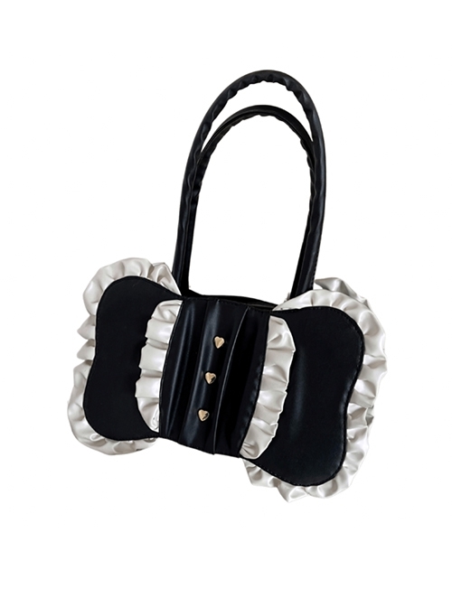 Classic Lolita Ruched Ruffled Metal Heart-Shaped Decoration Oversized Bow Design Bag