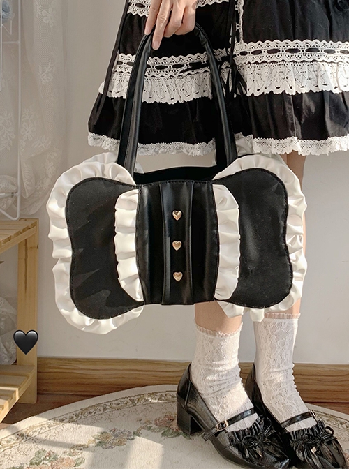 Classic Lolita Ruched Ruffled Metal Heart-Shaped Decoration Oversized Bow Design Bag