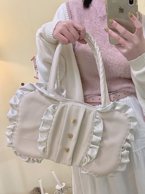 Classic Lolita Ruched Ruffled Metal Heart-Shaped Decoration Oversized Bow Design Bag