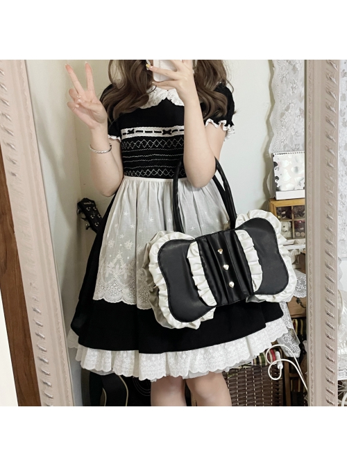 Classic Lolita Ruched Ruffled Metal Heart-Shaped Decoration Oversized Bow Design Bag