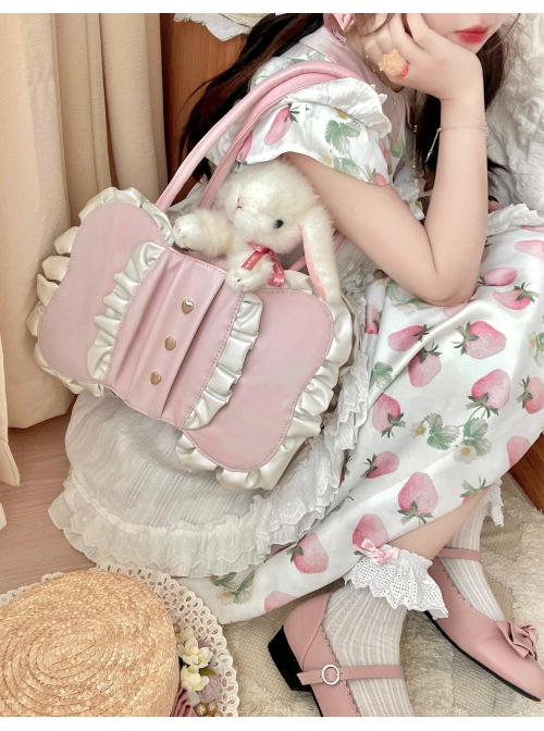 Classic Lolita Ruched Ruffled Metal Heart-Shaped Decoration Oversized Bow Design Bag