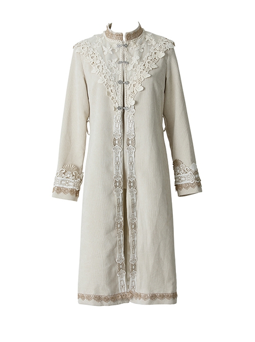 Delicate Jacquard Lace Butterfly Embroidery Pure White Elegance Buckle Design Classic Lolita Long Coat