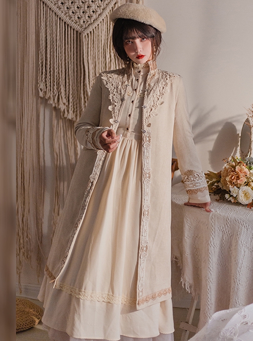 Delicate Jacquard Lace Butterfly Embroidery Pure White Elegance Buckle Design Classic Lolita Long Coat