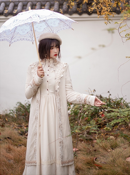 Delicate Jacquard Lace Butterfly Embroidery Pure White Elegance Buckle Design Classic Lolita Long Coat