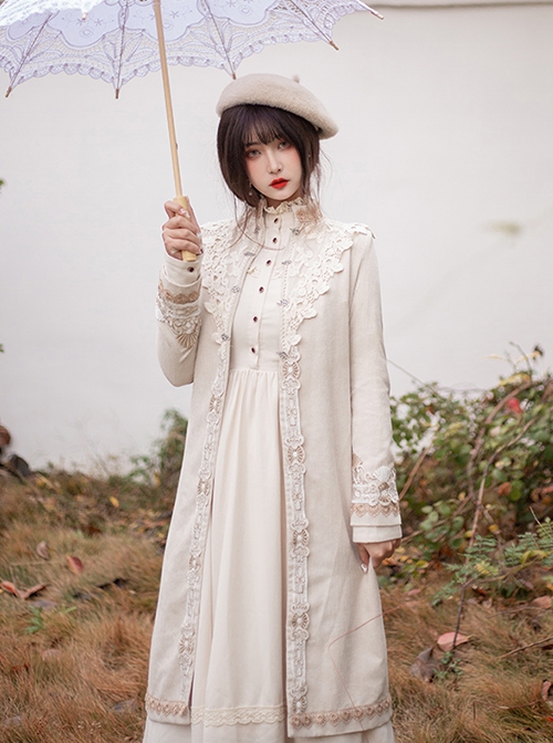 Delicate Jacquard Lace Butterfly Embroidery Pure White Elegance Buckle Design Classic Lolita Long Coat