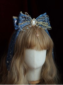 Navy Blue Ornate Metal Beads With Gemstones Pentagram Gilding Decoration Classic Lolita Headband