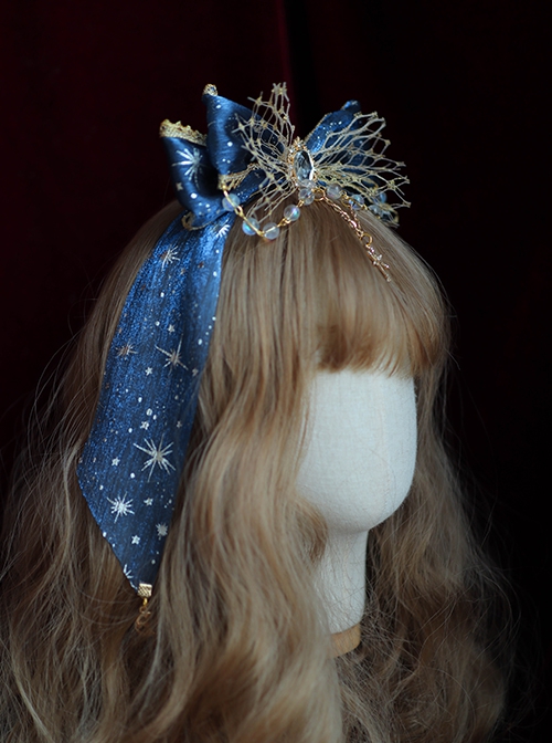 Navy Blue Ornate Metal Beads With Gemstones Pentagram Gilding Decoration Classic Lolita Headband