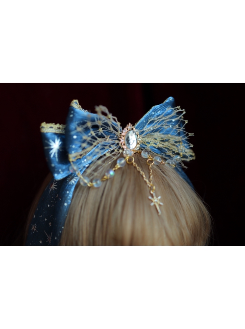 Navy Blue Ornate Metal Beads With Gemstones Pentagram Gilding Decoration Classic Lolita Headband
