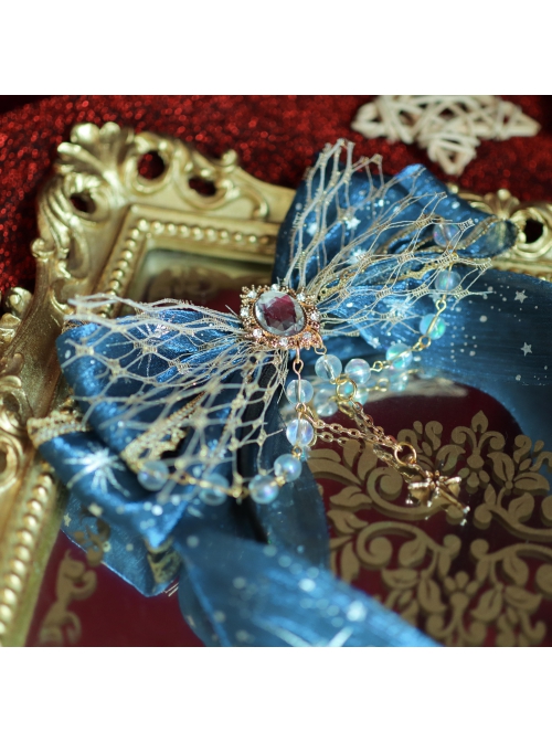 Navy Blue Ornate Metal Beads With Gemstones Pentagram Gilding Decoration Classic Lolita Headband