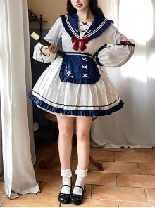 The Navy Collar Dark Pattern Jacquard Maid Outfit Blue-White Embroidered Pleated Long Sleeve School Lolita Dresses