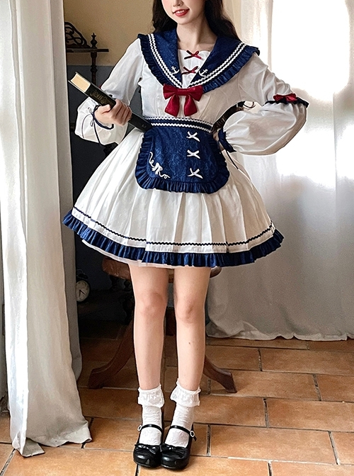 The Navy Collar Dark Pattern Jacquard Maid Outfit Blue-White Embroidered Pleated Long Sleeve School Lolita Dresses