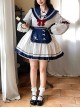 The Navy Collar Dark Pattern Jacquard Maid Outfit Blue-White Embroidered Pleated Long Sleeve School Lolita Dresses