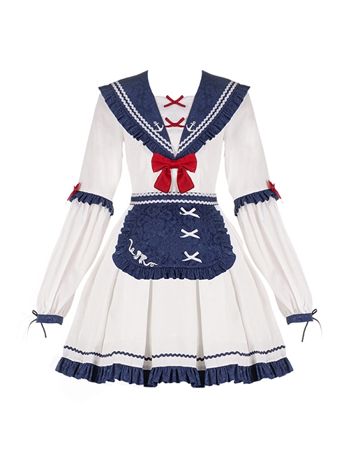 The Navy Collar Dark Pattern Jacquard Maid Outfit Blue-White Embroidered Pleated Long Sleeve School Lolita Dresses