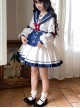 The Navy Collar Dark Pattern Jacquard Maid Outfit Blue-White Embroidered Pleated Long Sleeve School Lolita Dresses