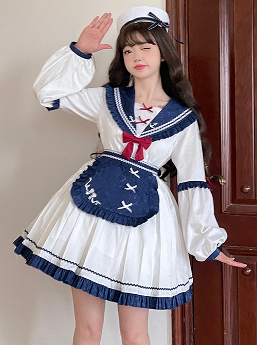 The Navy Collar Dark Pattern Jacquard Maid Outfit Blue-White Embroidered Pleated Long Sleeve School Lolita Dresses