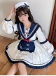 The Navy Collar Dark Pattern Jacquard Maid Outfit Blue-White Embroidered Pleated Long Sleeve School Lolita Dresses