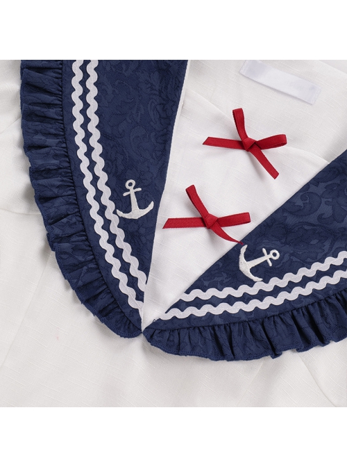 The Navy Collar Dark Pattern Jacquard Maid Outfit Blue-White Embroidered Pleated Long Sleeve School Lolita Dresses