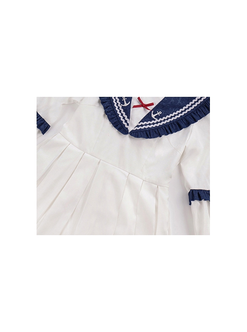 The Navy Collar Dark Pattern Jacquard Maid Outfit Blue-White Embroidered Pleated Long Sleeve School Lolita Dresses