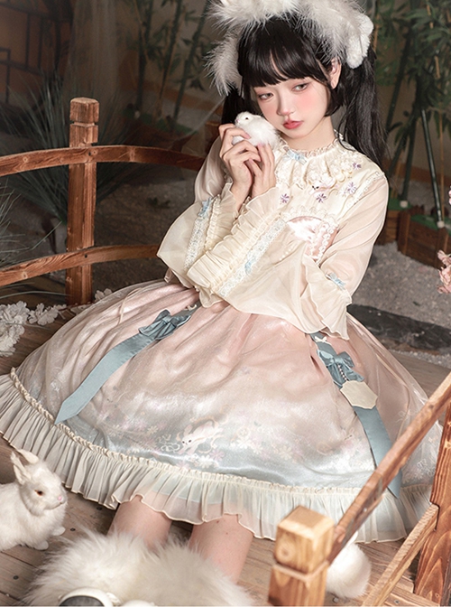 Chinese Style Mid-Autumn Jade Rabbit Heavy Industry Embroidered Bell-Sleeved Long Sleeve Classic Lolita Dress