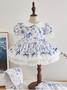 Blue Rose Flower Print Decoration Pleated Lace Jacquard Bow Hem White Doll Neckline Classic Lolita Kid Dress