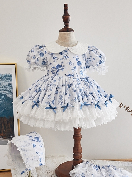 Blue Rose Flower Print Decoration Pleated Lace Jacquard Bow Hem White Doll Neckline Classic Lolita Kid Dress