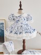 Blue Rose Flower Print Decoration Pleated Lace Jacquard Bow Hem White Doll Neckline Classic Lolita Kid Dress