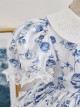 Blue Rose Flower Print Decoration Pleated Lace Jacquard Bow Hem White Doll Neckline Classic Lolita Kid Dress