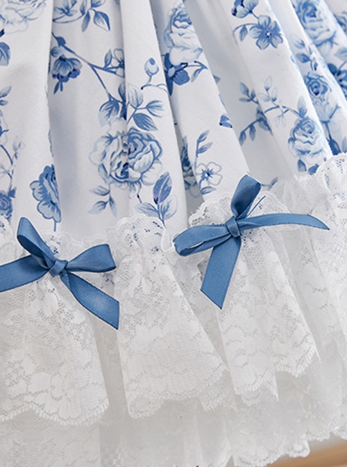 Blue Rose Flower Print Decoration Pleated Lace Jacquard Bow Hem White Doll Neckline Classic Lolita Kid Dress