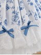 Blue Rose Flower Print Decoration Pleated Lace Jacquard Bow Hem White Doll Neckline Classic Lolita Kid Dress